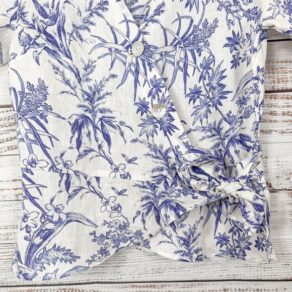 H&M Blue and White Floral Linen Wrapover Blouse, EUC, Size Small - Picture 8 of 13